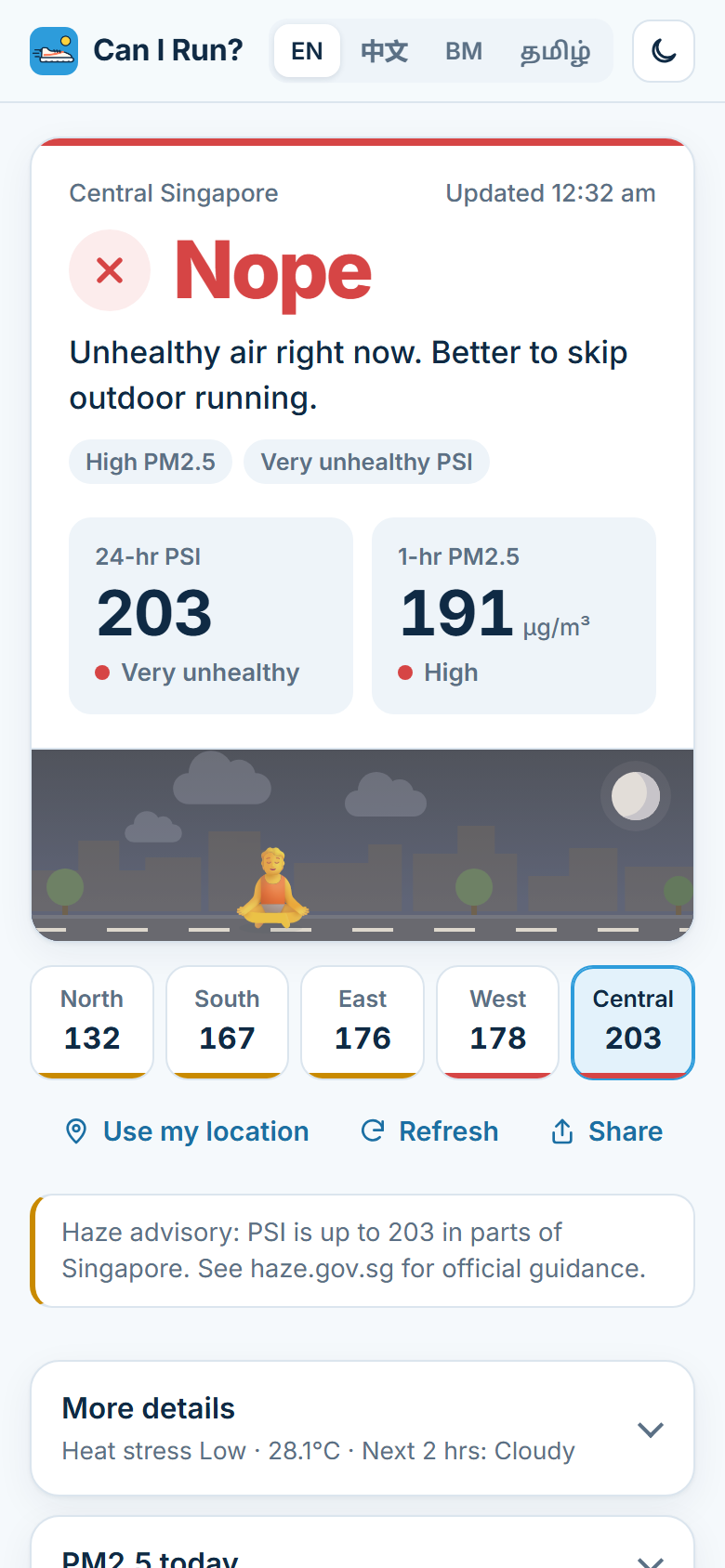 Can I Run? showing a Nope verdict for Central Singapore during haze