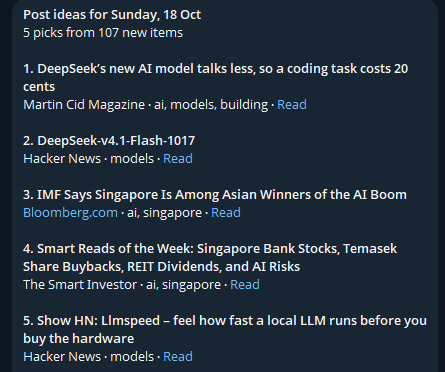 Telegram message: Post ideas for Sunday, 18 Oct, five picks from 107 new items