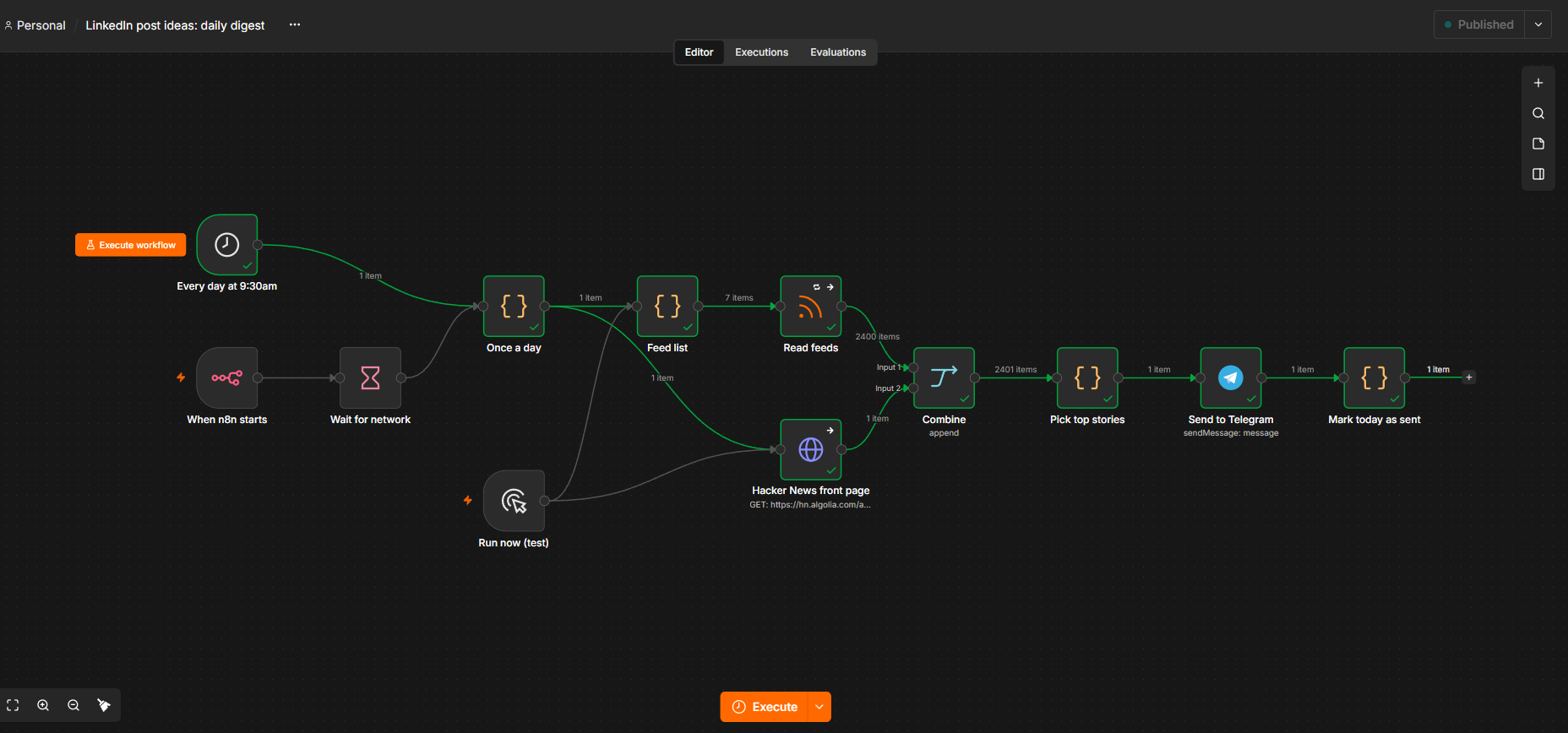 The n8n workflow: two triggers, a once-a-day check, feeds and Hacker News combined, scored and sent to Telegram